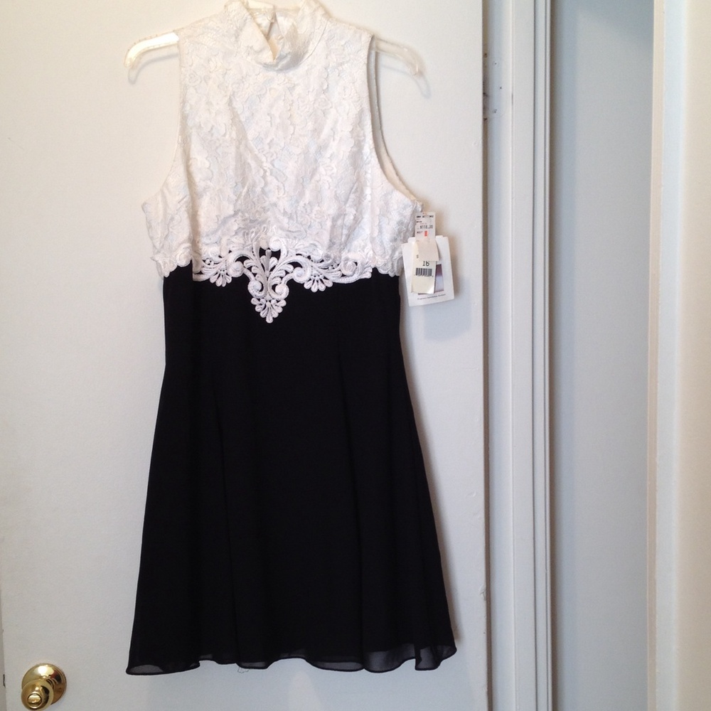 Sleeveless Black & White Lace A-Line Dress